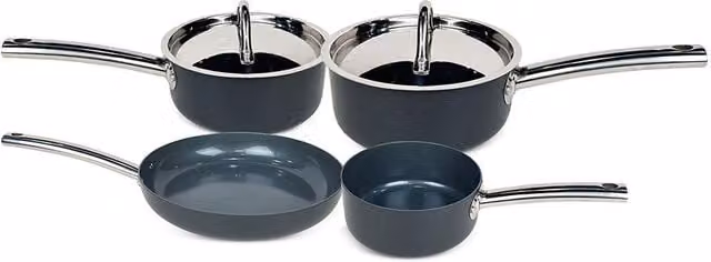 Cermalon 4 Piece Hard Anodised Non Stick Cookware Starter Set in Grey, including Frying Pan and Saucepan with Lids, Induction and All Hob Compatible