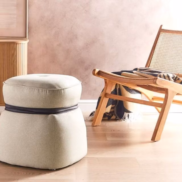 Wyld and Coco Living Beige Linen Round Pouffe, Diameter: 45 cm, Height: 44 cm
