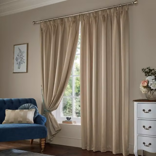 Laura Ashley Lille Stripe Ready Made Pencil Pleat Curtains in Beige