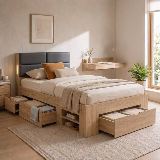 BTM 3FT Single Storage Bed with Three Drawers and Integrated LED Reading Light in Natural Oak
