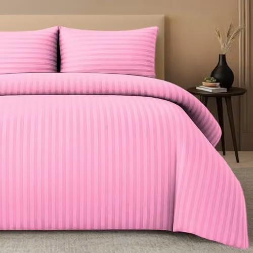 Pamposh Pink Satin Stripe Double Duvet Set, Pack of 2 Microfibre Bedding with Duvet Cover and Pillowcases