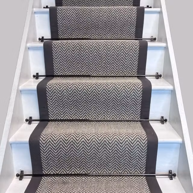 RainbowHome Herringbone Java Stair Runner in White with Grey Cotton Border, W: 60 cm, L: 650 cm