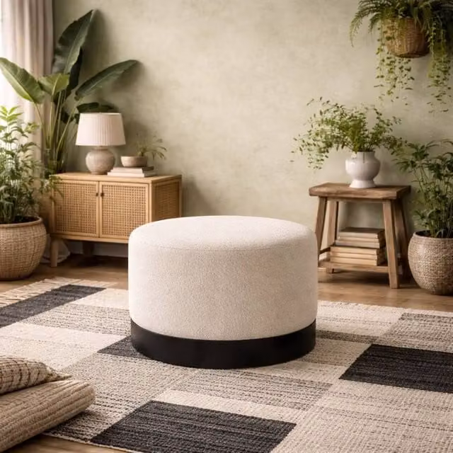 Wyld Haus Kalua Large Ivory Boucle Stool with Matt Black Base