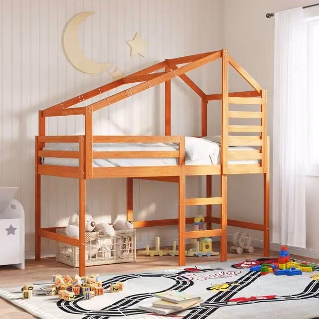 Berkfield Home Loft Bed Frame in Wax Brown Solid Pine Wood W/D/H: 190 x 90 x 90 cm