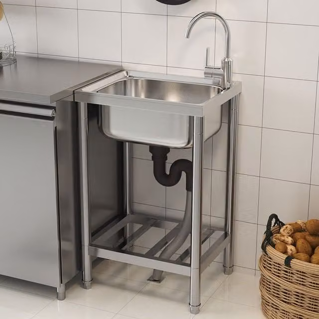 Livingandhome Commercial Square Stainless Steel Kitchen Sink with Single Bowl Basin Grid Shelf, Silver, Width: 43 cm