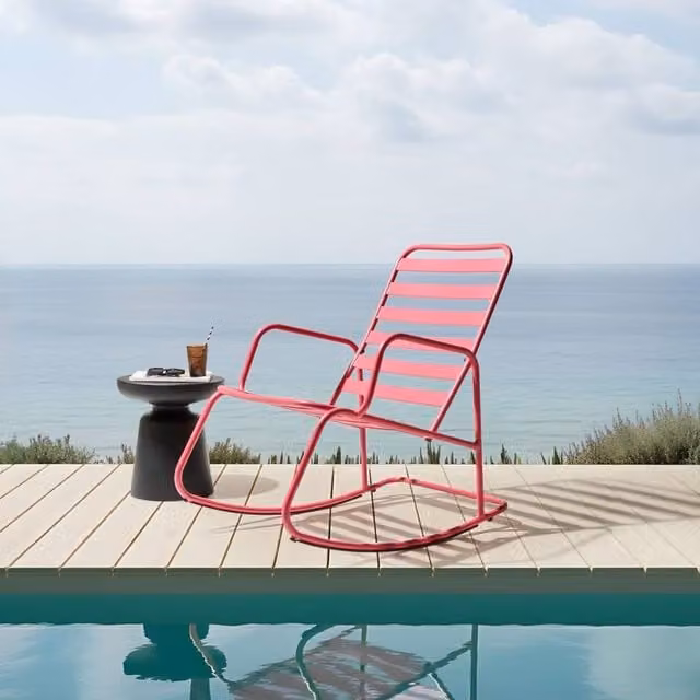 Wyld and Coco Pink Powder Coated Aluminium Slatted Modern Outdoor Rocking Chair