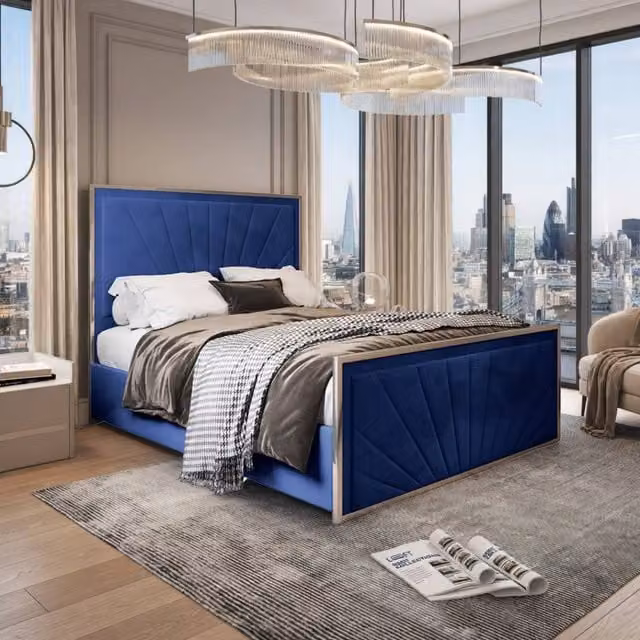 KDMD Thornbury Blue Velvet Upholstered Metal Designer Bed Frame, W/D/H: 180 x 200 x 137 cm