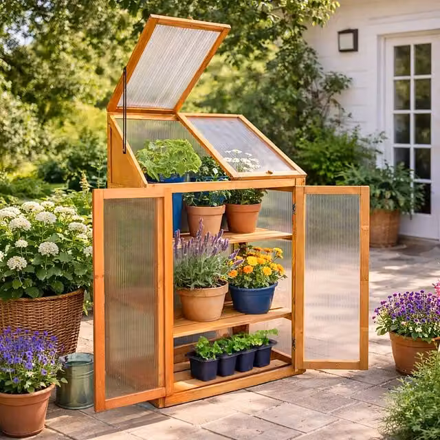 Marco Paul Mini Cold Frame Greenhouse in Beige with Polycarbonate Shelving