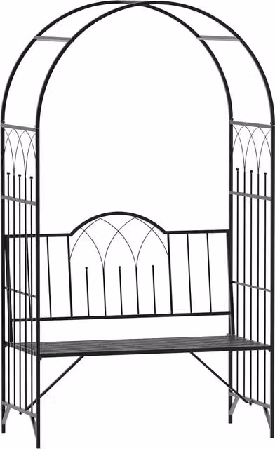 Outsunny Antique Style Metal Garden Arch Bench and Rose Trellis Arbour with 2-Seater Chair, Black
