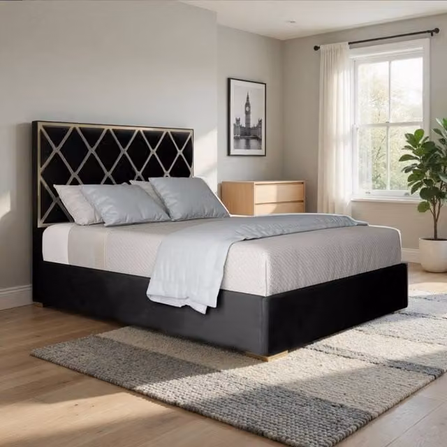 Casani Sudborough Upholstered Velvet Designer Bed Frame with Metal Accents, Super King, W/D/H: 200 x 189 x 127 cm