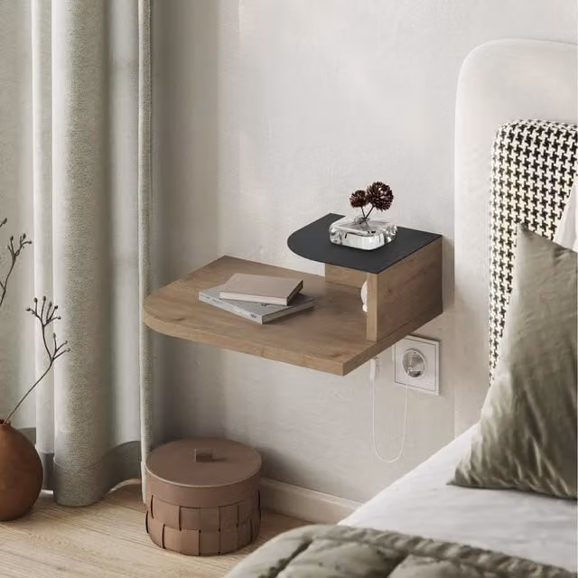 HOCUS PICUS Luno Wall Mounted Nightstand with Integrated Lighting, Oak, W/D/H: 40 x 30 x 12 cm