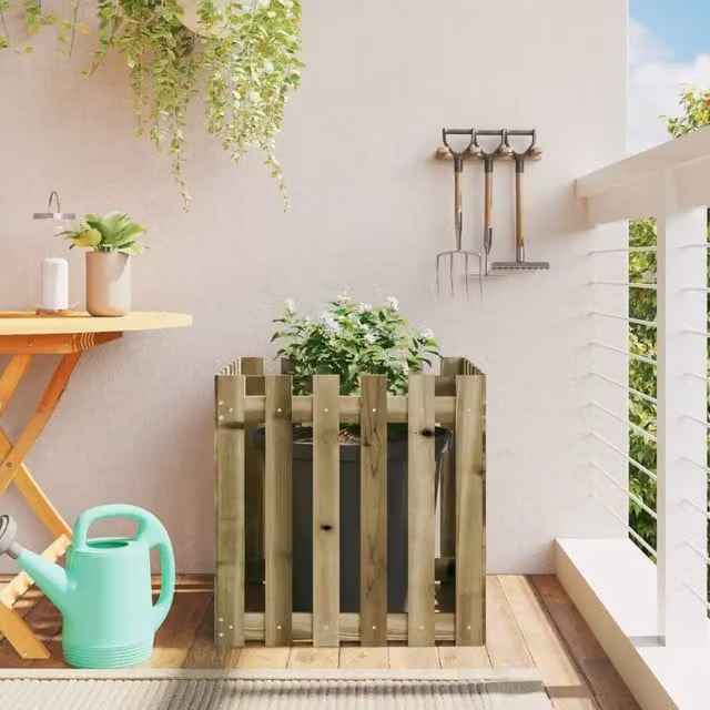Berkfield Home Garden Planter with Fence Design in Brown, Impregnated Pine Wood, W/D/H: 60 x 60 x 60 cm