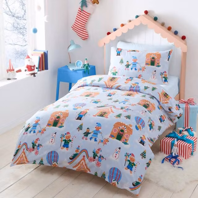 Happy Linen Company Christmas Childrens Duvet Cover and Pillowcase Set, Blue, W/D/H: 200 x 200 cm, Pillowcase: 50 x 70 cm