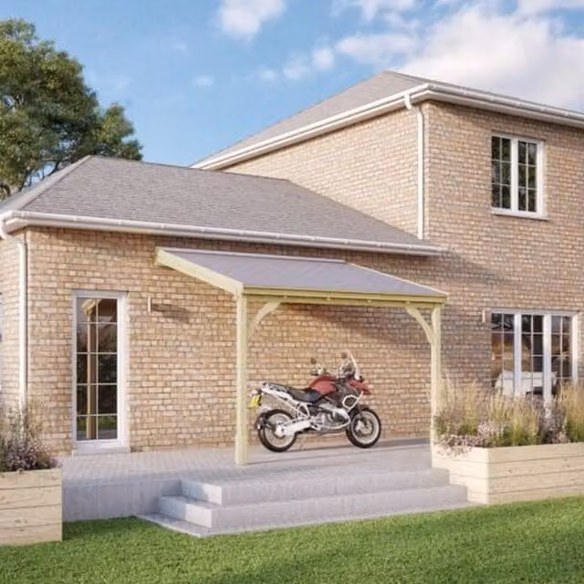Rutland County Garden Furniture Ltd 2 Post Wood Carport with Bitumen Shingle Roof, Rustic Brown and Light Green, W: 290 cm, D: 350 cm, H: 270 cm