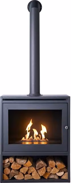 OKO S6 Bio Ethanol Stove and Log Store in Grey with Extra Tall Angled Metal Pipe