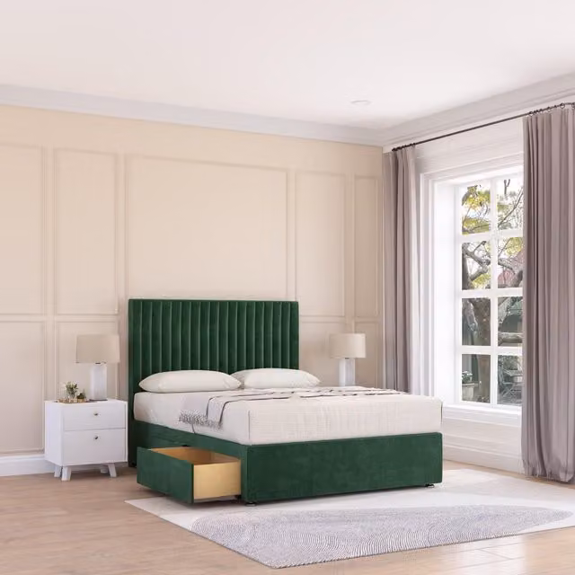 Sloomy Manhattan Plush Velvet Memory Foam Bed Set with 2 Drawers, Mattress and Headboard in Emerald Green, W/D/H: 90 x 190 cm