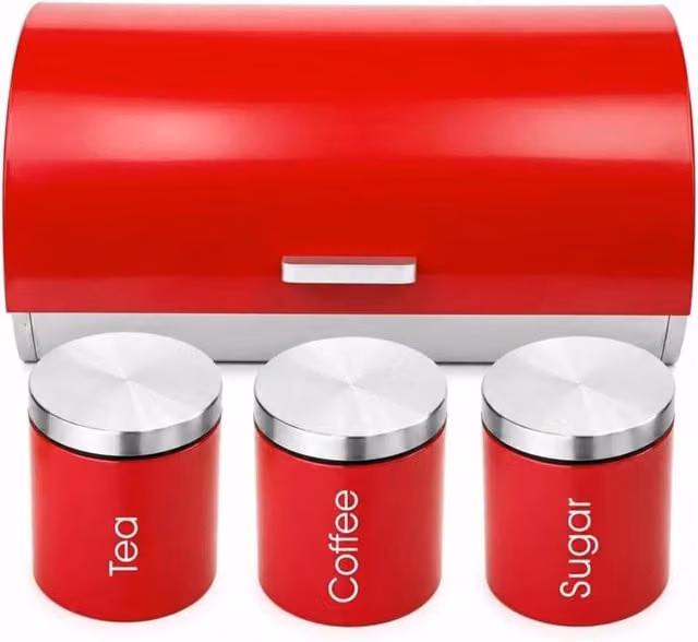 MANTRARAJ 4-Piece Red Kitchen Storage Set with Airtight Lids, Bread Bin and Canister Jars