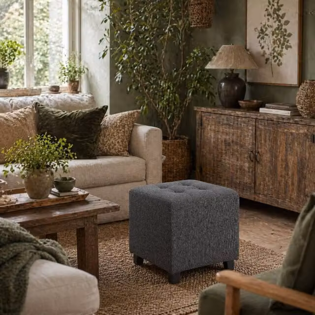 Wyld Haus Grey Linen-Look Square Fabric Footstool with Black Rubberwood Legs, W/D/H: 35 x 35 x 35 cm