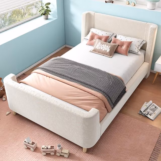 Aosom UK Beige Upholstered Sleigh Bed Frame for Kids and Teens, W/D/H: 99 x 206 x 76 cm