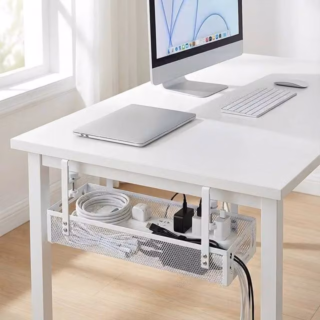 PAWNORA White Metal Under Desk Cable Management Tray with Multi-Compartment Design