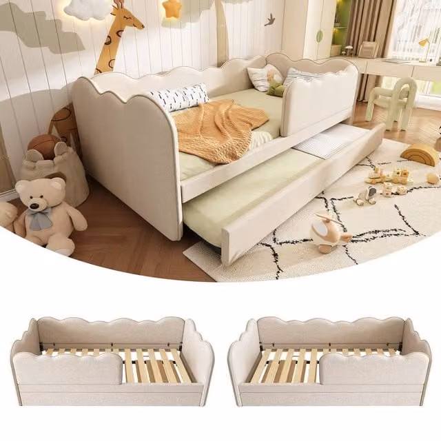 Rolipo Beige Linen Upholstered Single Daybed with Pull Out Trundle, W/D/H: 90 x 190 x 150 cm
