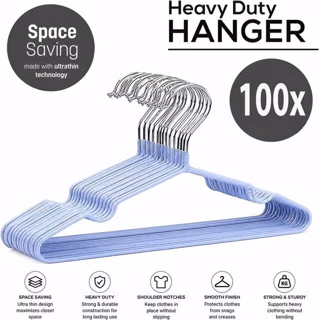 PAWNORA Space Saving Metal Wire Hangers in Blue, Pack of 100