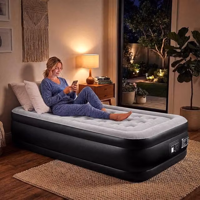 EONLION Black Single Inflatable Air Bed with Built-in Electric Pump, W/D/H: 90 x 190 x 46 cm