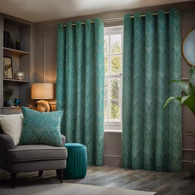 Make It A Home Gatsby Jacquard Eyelet Curtain Pair in Green and Gold, Height: 229 cm, Width: 168 cm