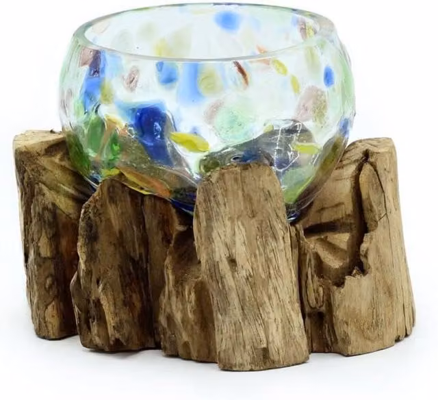 KDMD Molten Multicolour Abstract Glass and Wood Small Decorative Round Bowl