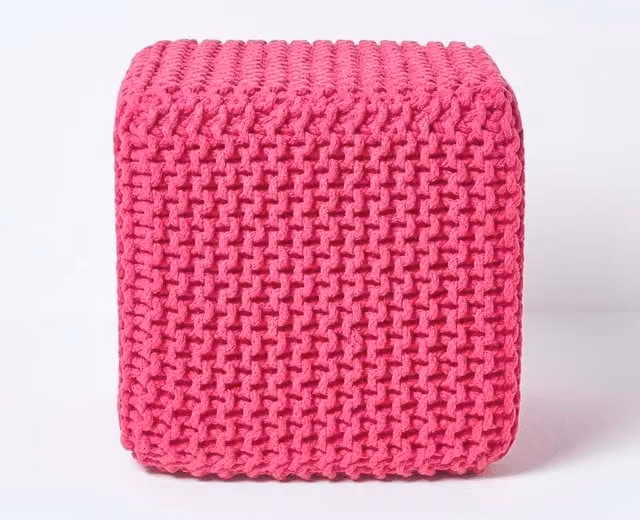 Homescapes Cube Cotton Knitted Pouffe Footstool in Pink