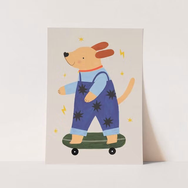 Kid of the Village Skater Pup Fine Art Paper Print, Blue, W: 42 cm, H: 59.4 cm