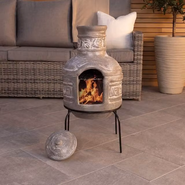 Charles Bentley Clay Chiminea BBQ Grill with Leaf Motif Rain Lid in Grey