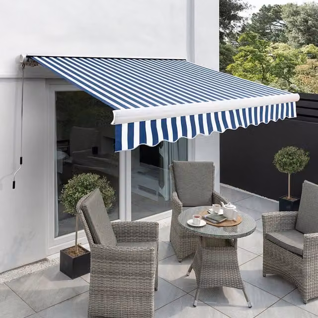 Primrose Full Cassette Manual Awning in Blue and White Stripe, W: 200 cm, D: 150 cm