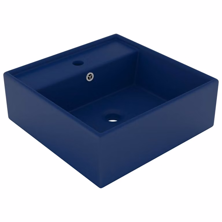 Berkfield Home Luxury Square Ceramic Countertop Basin with Overflow in Matt Dark Blue, W/D: 41 x 41 cm