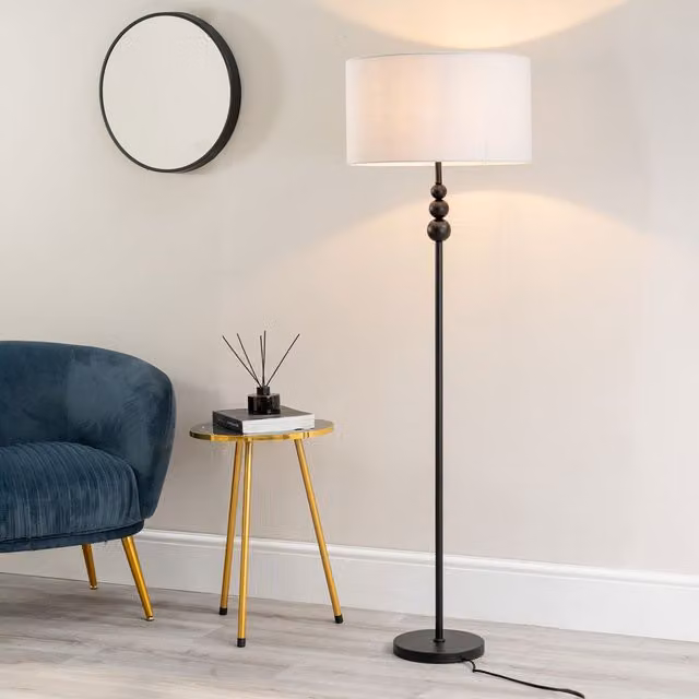 ValueLights Marissa Modern Stacked Ball Floor Lamp with Fabric Drum Shade and Bulb in Grey