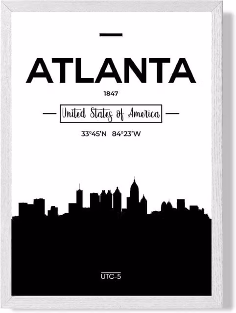 ARTZE Atlanta Black and White City Skyline Framed Paper Poster with White Frame, A3
