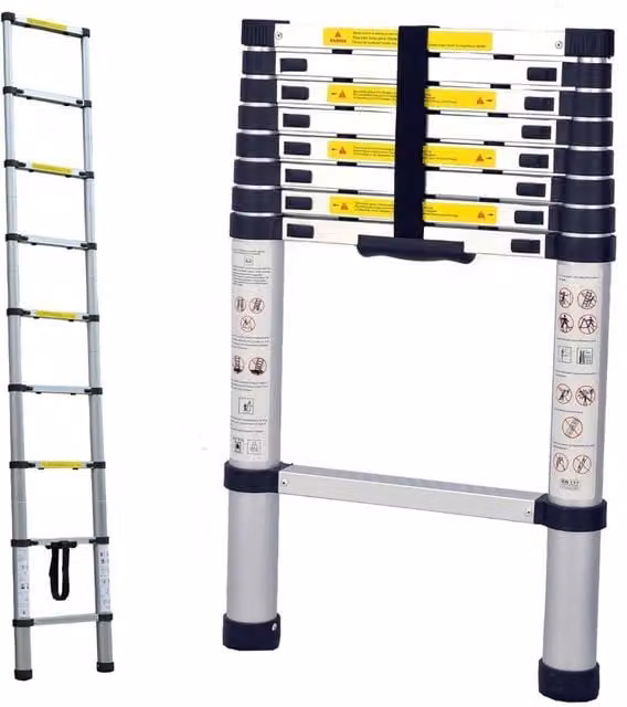 Alivio 2.6m Heavy-Duty Telescopic Aluminium Extension Ladder with Safety Lock and Non-Slip Rubber Feet, 150kg Capacity, Silver