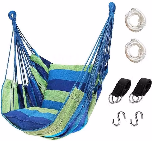 NESTLUNE Blue Striped Outdoor Hanging Egg Swing Chair with Cushions, W: 100 cm, D: 15 cm