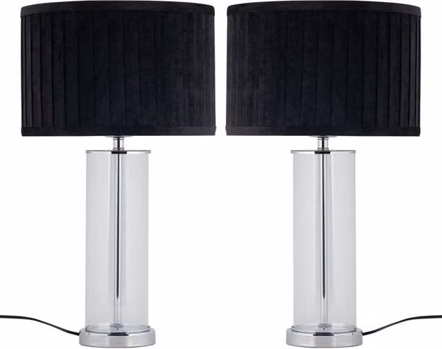 First Choice Lighting Aura Set of 2 Chrome Table Lamps with Black Pleated Velvet Shades