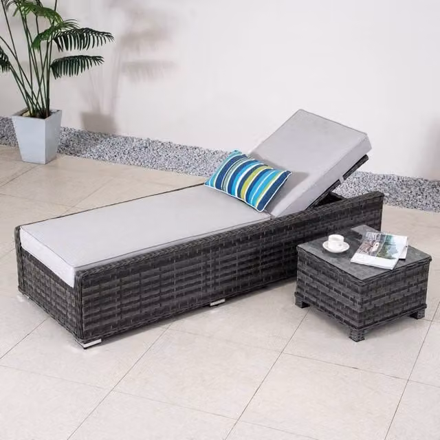 Direct Wicker 2 Pack Grey Adjustable Sun Loungers with Side Table and Weatherproof Cushions
