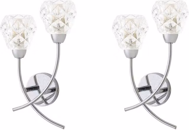 ValueLights Astley Pair of Chrome 2 Way Wall Lights with Crystal Shades and Bulbs in Silver