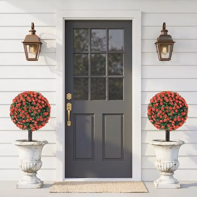 HOMCOM 2-Pack Red Artificial Rose Topiary UV Resistant Potted Round Plants
