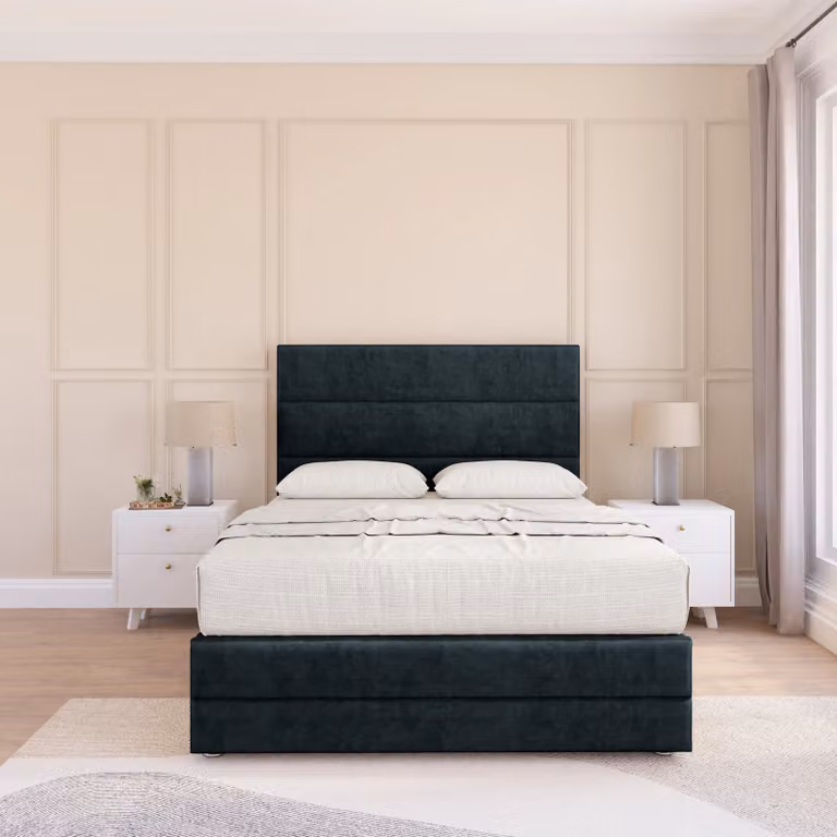 Sloomy Monaco Upholstered Velvet Bed Frame with Floor Standing Headboard in Black, Small Double, W/D/H: 120 x 200 cm