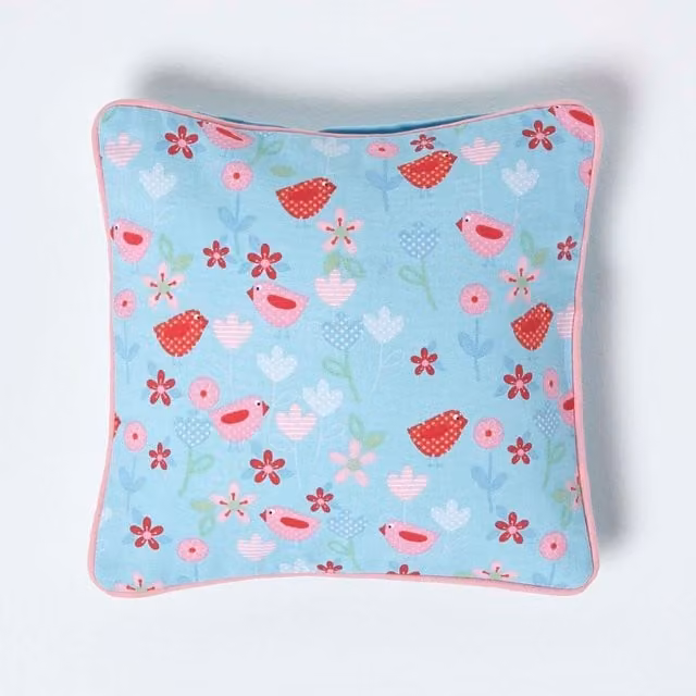 Homescapes Floral Cotton Square Cushion Cover in Blue, W/D/H: 30 x 30 x 30 cm