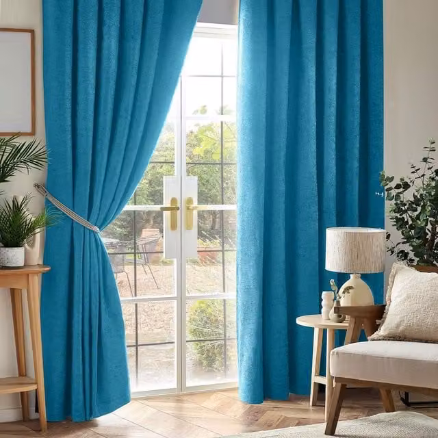 Livinluxury Petrol Chenille Blackout Pencil Pleat Top Curtains, Height: 229 cm, Width: 117 cm