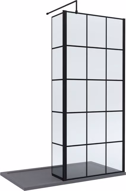 Balterley 8mm Glass Walk-In Wetroom Screen with Return and Tray, Black Framed, W: 1400 mm, D: 700 mm