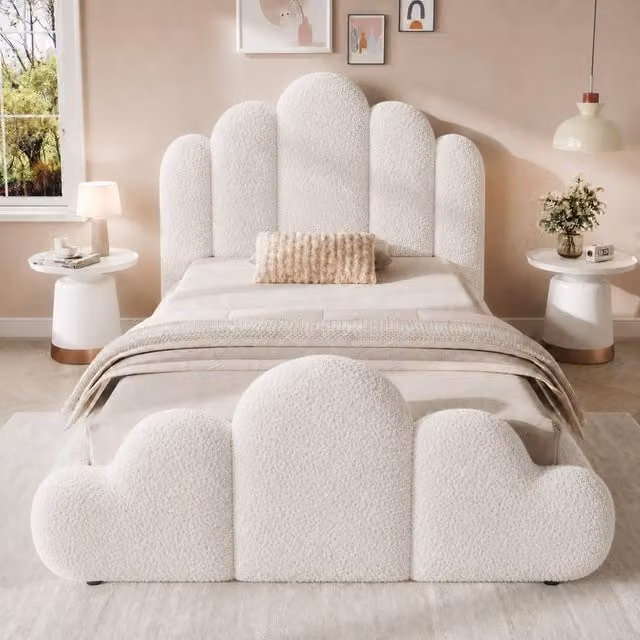 Merax Single Petal Upholstered Childs Bed Frame with Lift Up Base in Beige Boucle, W/D/H: 90 x 190 x 106 cm