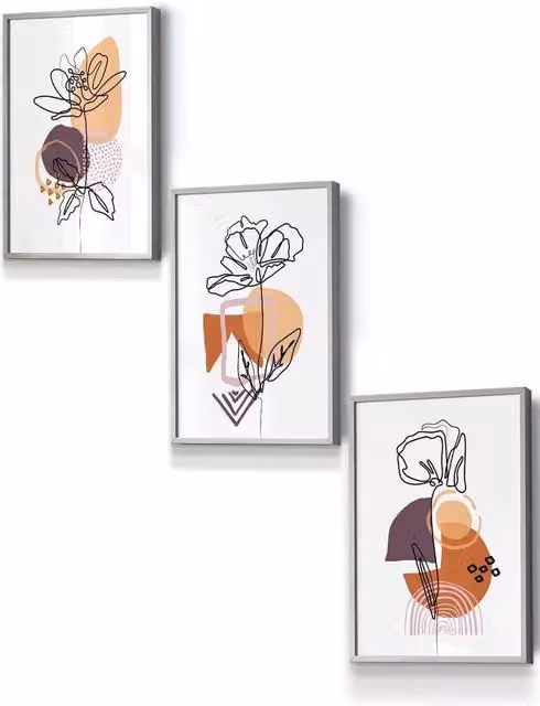 ARTZE Set of 3 Boho Floral and Abstract Line Art Wall Pictures in Light Grey Wood Frames, Purple and Orange, W45 x H62 x D2 cm