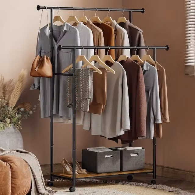The Bazaarist Double Freestanding Clothes Rail with Storage Shelf in Rustic Brown and Black