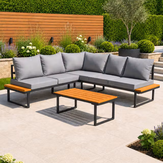 Home Treats L Shape Corner Garden Furniture Set with Outdoor Coffee Table and Grey Upholstered Cushions